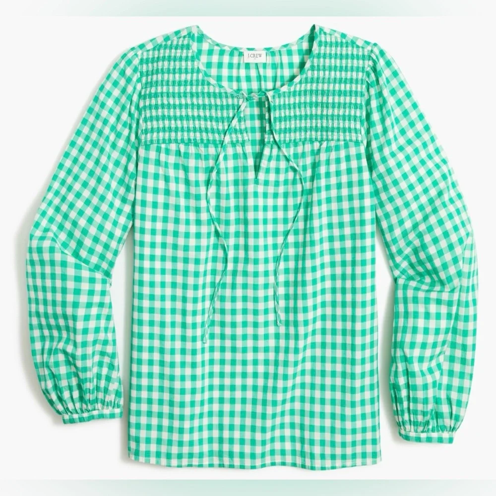 J. Crew green gingham white tie-neck smocked top small blouse preppy shirt